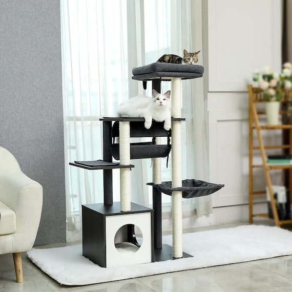 Wooden Cat Tower Cat Tree Tower Wooden Cat Tree Modern Cat Etsy