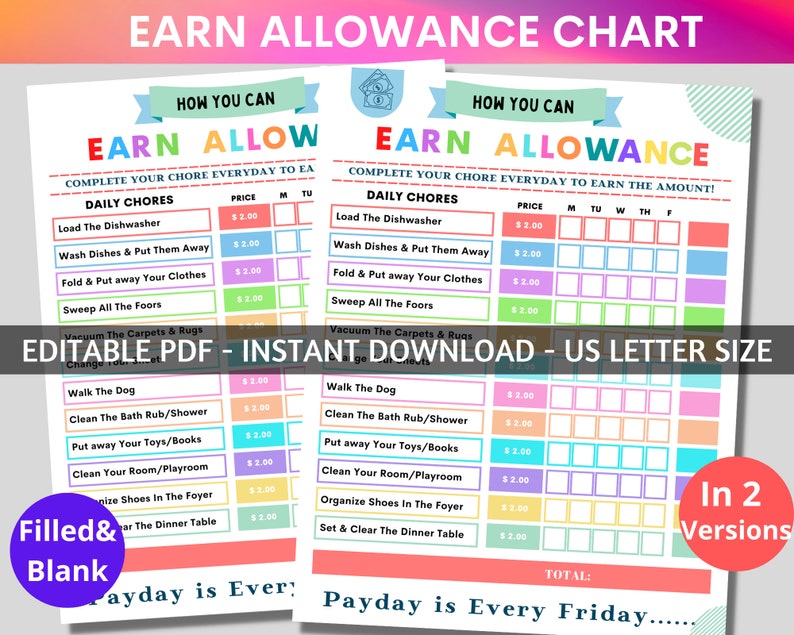 Allowance Tracker for Kids Printable Allowance Chore Chart - Etsy