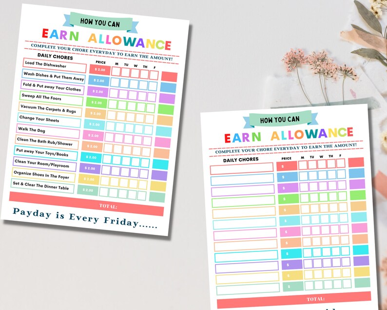 Allowance Tracker for Kids Printable Allowance Chore Chart Etsy