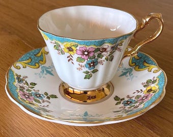 Vintage Royal Kendall Teacup Saucer – English Bone China, Turquoise, Floral, Gold