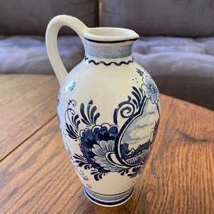 Vintage Delft Blue Bols Pitcher Decanter - Hand Painted Dutch Windmill Scene - Made in Holland -  Ceramic Bottle with Cork - 7&quot; Tall