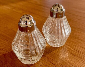 1970s Art Deco Salt and Pepper Shakers: Ribbed Glass, Chrome Tops