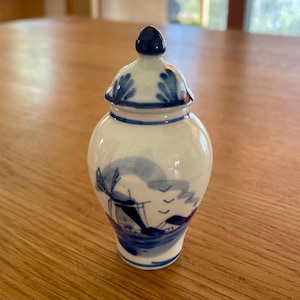 Vintage Delft Blue Holland Miniature Ginger Jar - Hand Painted - Traditional Windmill  & Floral Design
