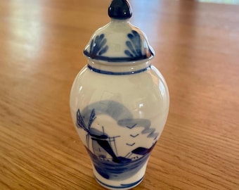 Vintage Delft Blue Holland Miniature Ginger Jar - Hand Painted - Traditional Windmill  & Floral Design