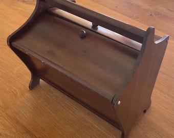 Vintage 1950s Wooden Sewing Box | Handle, Flip Hinged Doors, Footed Base