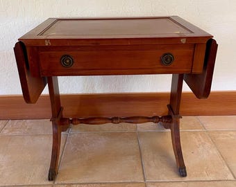 Vintage Mahogany Drop Leaf Leather Top Side Table or Chest - Rare find!