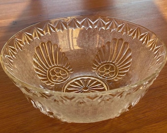 Vintage Sandwich Glass Serving Bowl: Clear, Cut, Textured Glass, Floral and Diamond Design