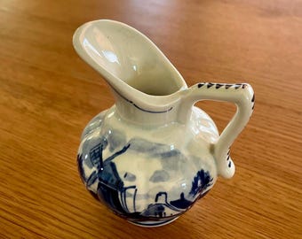 Vintage Delft Blue Creamer: Hand-Painted Windmill Dutch Pottery
