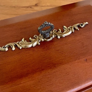Vintage Art Deco Solid Wood Rectangle Box with Ornate Metal Handle -  Keepsake or Display Storage
