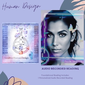 May include: A purple and blue digital illustration of a woman's face with butterflies. The text "Psychic Intuitive Readings" is at the bottom of the image. The text "AUDIO RECORDED READING" is above the text "Psychic Intuitive Readings". The text "Foundational Reading Includes: 1 Personalized Audio Recorded Reading" is below the text "AUDIO RECORDED READING".