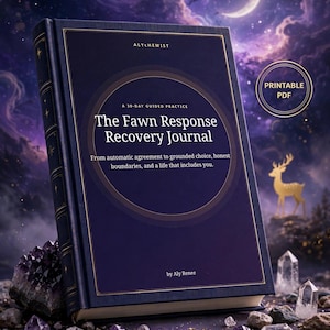 May include: A dark blue journal titled The Fawn Response Recovery Journal by Alychemist and Aly Renee. The cover features gold text, a 30-day guided practice subtitle, and a description about boundaries. It is a 60-page printable PDF.