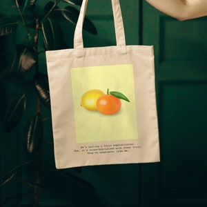 Lemon and Tangerine, Fruit sophisticated, Guess the Movie Quote, Cotton Canvas Tote Bag