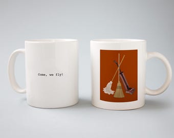 Come we fly, Witches Broom, Mop, and Vacuum, Guess the Movie Quote, Halloween Minimal Film Coffee Mug