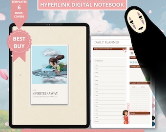 May include: A digital notebook with a Studio Ghibli theme. The cover features a scene from the movie Spirited Away with Chihiro riding on the back of a dragon. The notebook includes a daily planner, a weekly planner, and a monthly planner. The notebook is designed to be easy to use and includes hyperlinks.