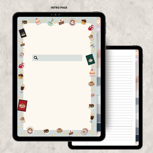 May include: A digital planner template with a light blue background and a border of various dessert and coffee illustrations. The template has a search bar and the text "INTRO PAGE" at the top.