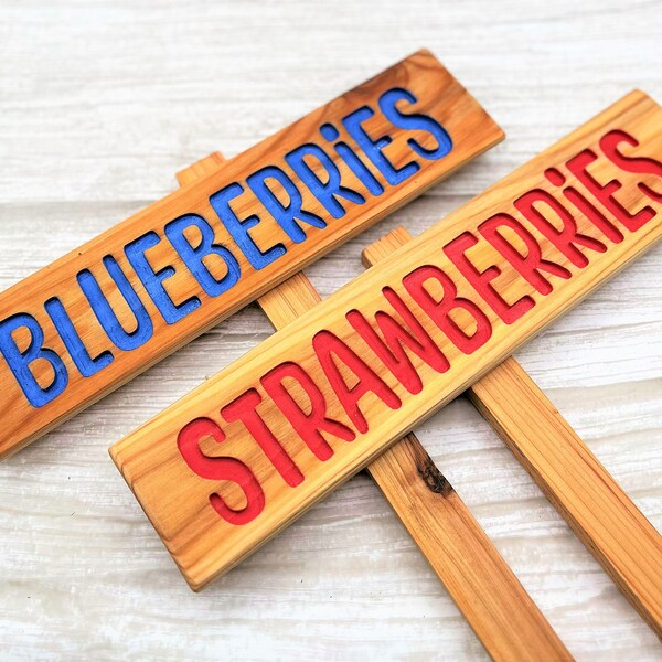 PICK ANY TWO | 10% Discount | Cedar Wood Garden Signs | Carved, Painted & Sealed | 2 Stakes Included | Strawberries |  Cucumbers | Tomatoes