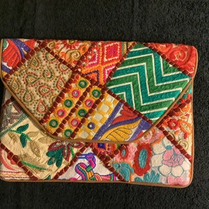 Red and Green Patchwork Boho Clutch Bag