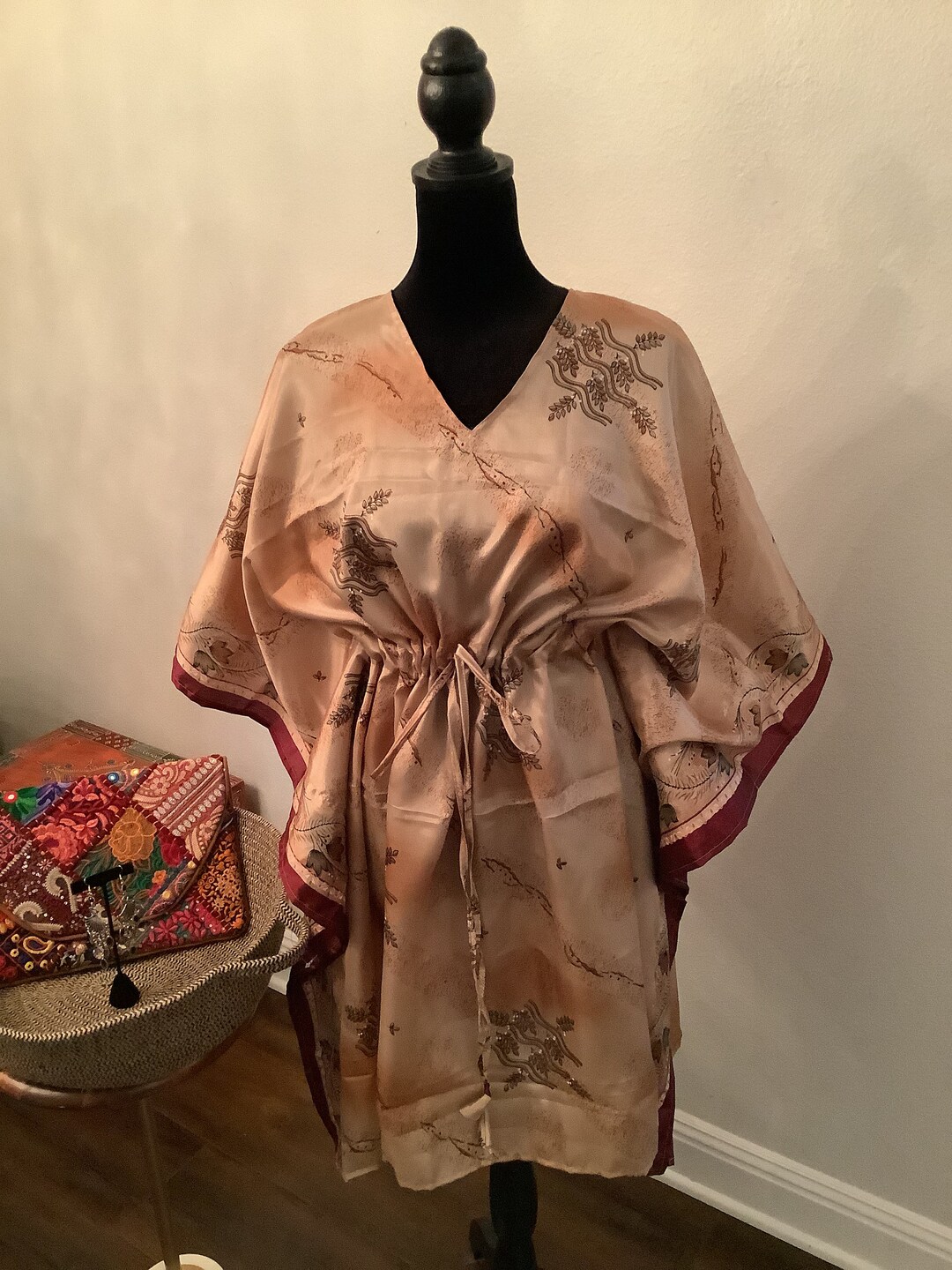 Blush and Cream Silk Kaftan Boho Dress, With Boho Clutch Bag, and Black ...
