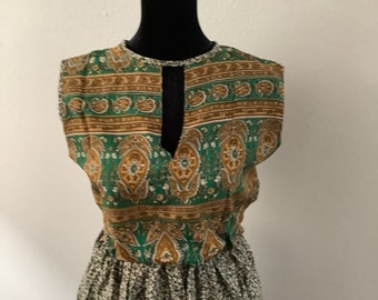 Green and Brown Silk Floral Boho Dress