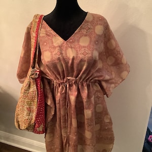 Gold/Brown and Red Silk Kaftan Dress with Beige and Red Oversized Purse Bag