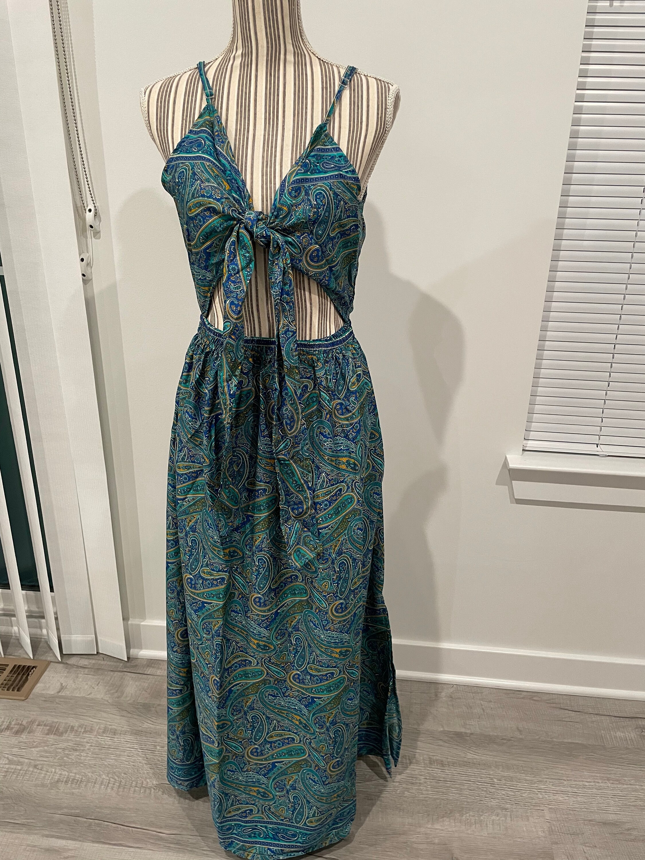100% Silk Teal Blue, Blue, and Touches of Gold Print Dress - Etsy