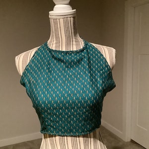 Teal Blue Vintage Silk Boho Halter Top