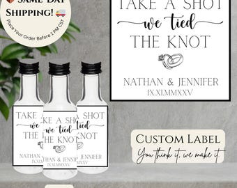 Custom 'We Tied the Knot' Mini Bottle Labels: Wedding Favors