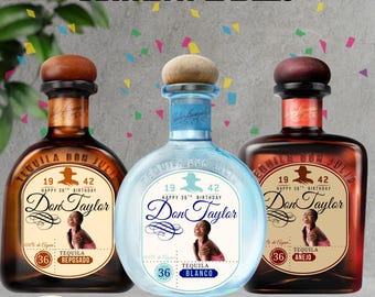 Custom Tequila Inspired Birthday Label – Personalized Liquor Bottle Sticker · Reposado · Blanco · Añejo · Photo+Name + Age - Picture Label