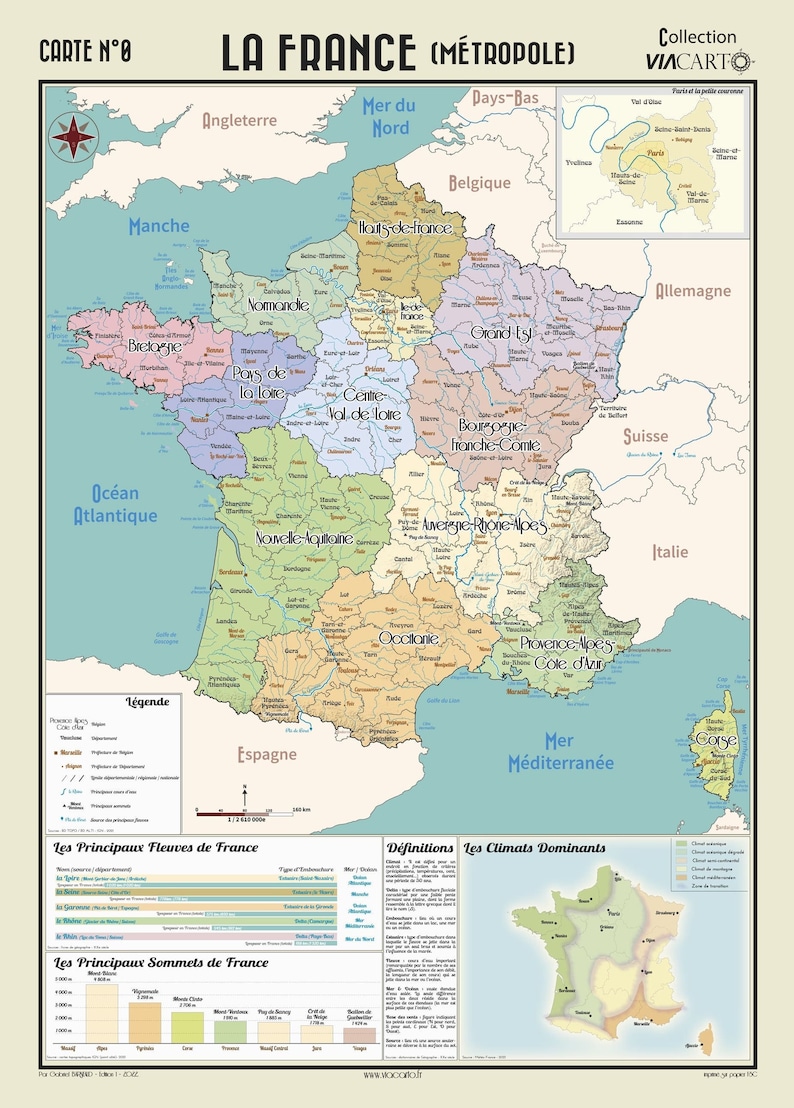 Może przedstawiać: Szczeg&oacute;łowa mapa Francji, przedstawiająca regiony i najważniejsze miasta. Mapa jest w stylu vintage, z jasnoniebieskim tłem i brązowymi liniami. Mapa zawiera legendę i skalę. Mapa nosi tytuł "La France (M&eacute;tropole)" i jest częścią "Collection Viacarto".