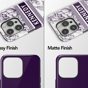 two purple iphone cases with the same logo on them
