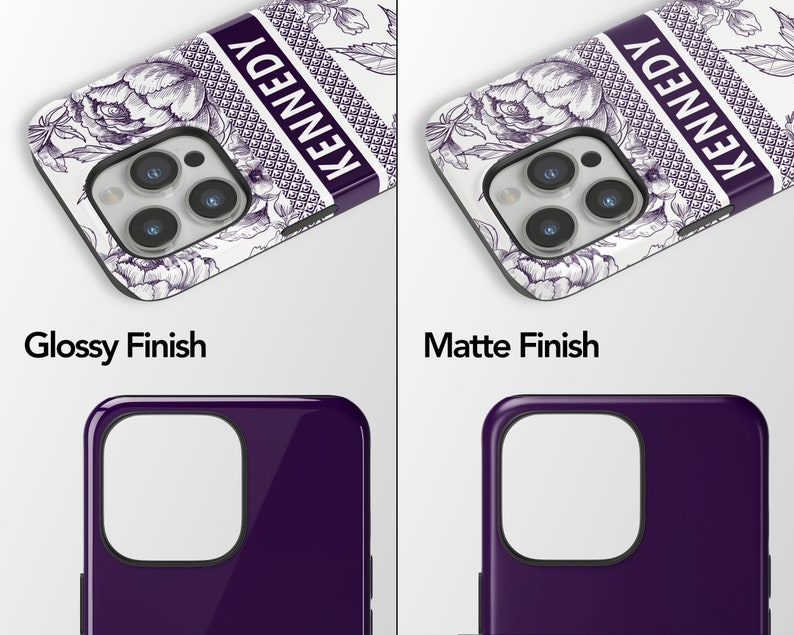 two purple iphone cases with the same logo on them