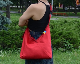 Red Canvas Crossbody Bag, Large Travel Tote with Pockets