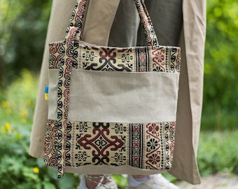 Linen Canvas Crossbody Tote Bag: Ethnic Tapestry Shoulder Bag