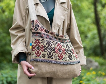 Large women's fabric shoulder bag. Handmade Ecological Cross body bag in ethnic hobo bag style.