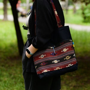 Canvas crossbody bag made of handmade fabric crossbody bag. Сasual black сross body bag for shopping and documents with a large pocket.
