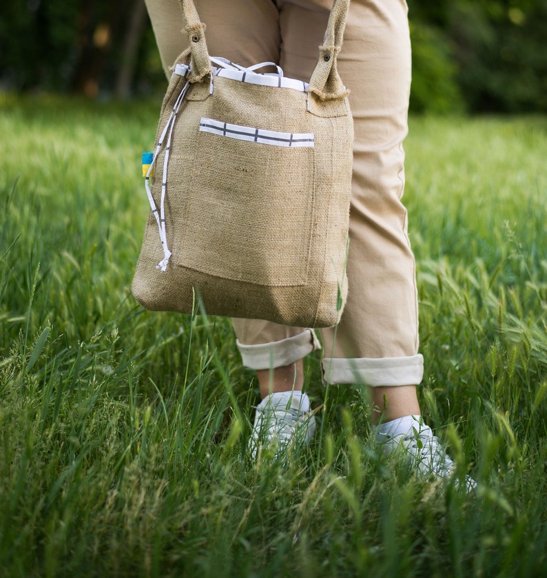 Sac en toile de jute artisanal, sac seau en coton de jute Sac à bandoulière fait à la main pour le shopping et les loisirs. image 3