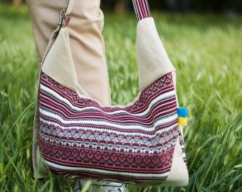 Bolso hobo de lino hecho a mano con tapiz, bandolera étnica con correa ajustable