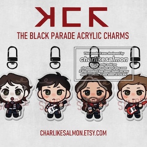 May include: Four acrylic charms featuring chibi-style characters from The Black Parade, each with a black lobster clasp. The text reads THE BLACK PARADE ACRYLIC CHARMS and CHARLIKESALMON.ETSY.COM, with a watermark warning about stolen designs.