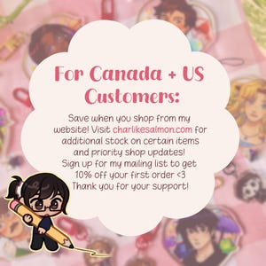 May include: A pink and white image with text that reads "For Canada + US Customers:" and "Save when you shop from my website!" A cartoon character with glasses and a pencil is in the lower left corner. The website is charlikesalmon.com.