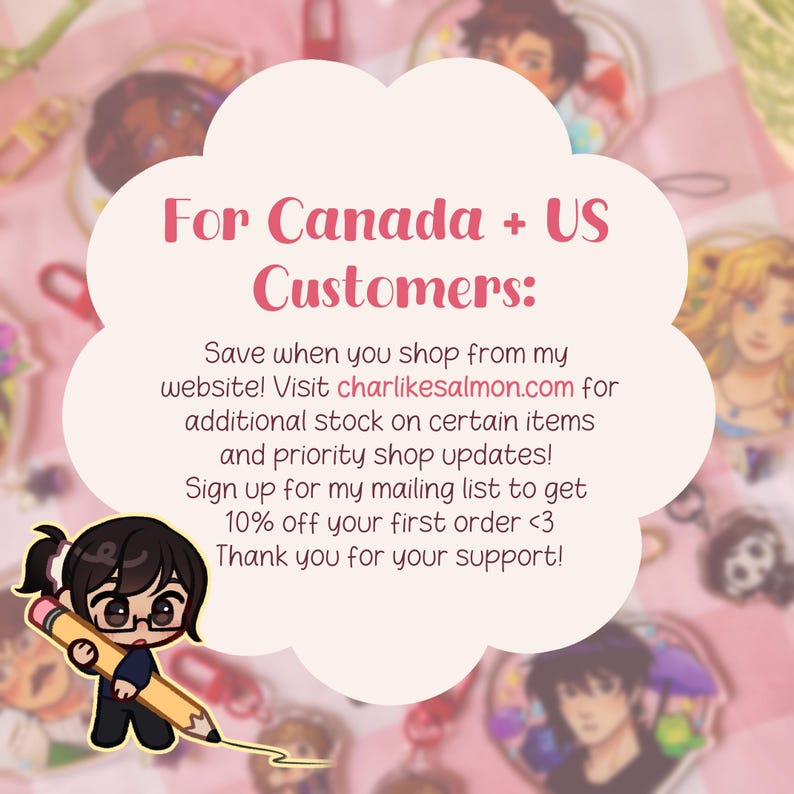 May include: A pink and white image with text that reads "For Canada + US Customers:" and "Save when you shop from my website!" A cartoon character with glasses and a pencil is in the lower left corner. The website is charlikesalmon.com.