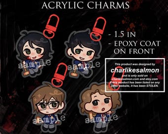May include: Four acrylic charms featuring chibi-style characters in school uniforms, each with a red lobster claw clasp. Text includes I'M NOT OKAY ACRYLIC CHARMS, 1.5 IN, EPOXY COAT ON FRONT, and charlikesalmon.etsy.com with a design credit box.