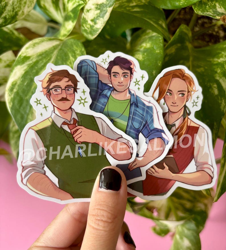 May include: Three character stickers featuring illustrations of people in various outfits. One sticker shows a person with glasses and a mustache, wearing a green vest and a red tie. The other two stickers show people in casual attire. The stickers have a white border.