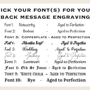 May include: A list of fonts for engraving back messages. The fonts are listed with their names and a description of "Aged to Perfection".
