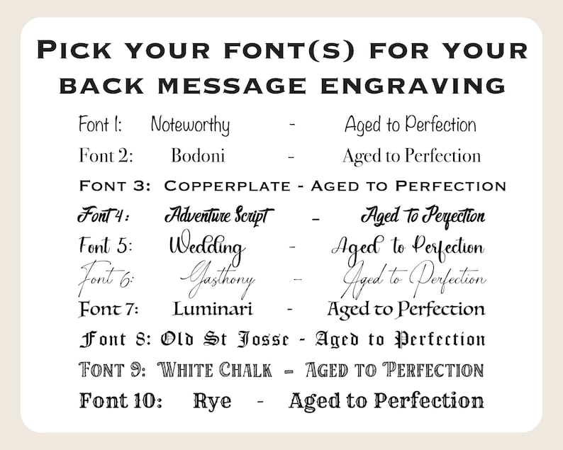 May include: A list of fonts for engraving back messages. The fonts are listed with their names and a description of "Aged to Perfection".