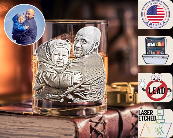 Custom Photo Whiskey Glass, Etched Whiskey Glasses from Photo, Personalized Unique Barware Gifts for Him, Mother & Father's Day Gifts