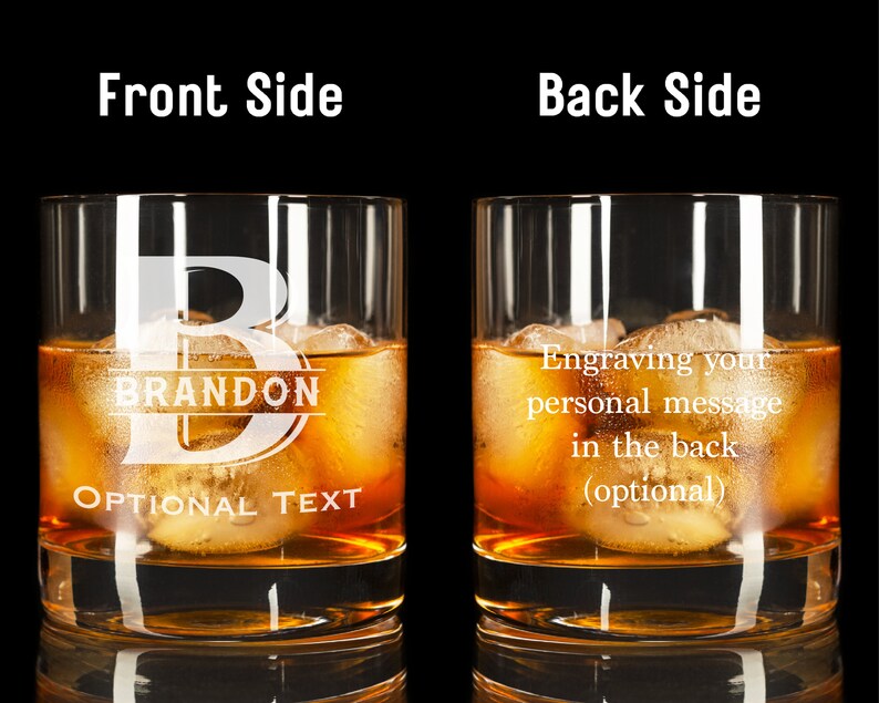 May include: A personalized whiskey glass with the initial "B" and the name "BRANDON" engraved on the front. The back of the glass has the text "Engraving your personal message in the back (optional)".