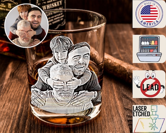 Custom Photo Whiskey Glass, Etched Whiskey Glasses from Photo, Personalized Unique Barware Gifts for Him, Father's Day, Mother's day Gift