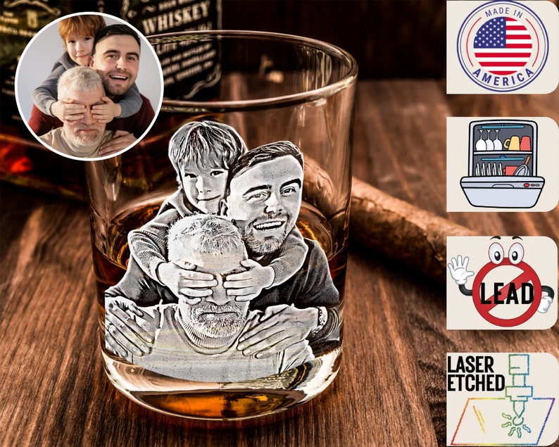 Custom Photo Whiskey Glass, Etched Whiskey Glasses from Photo, Personalized Unique Barware Gifts for Him, Fathers Day Gifts, Christmas Gifts