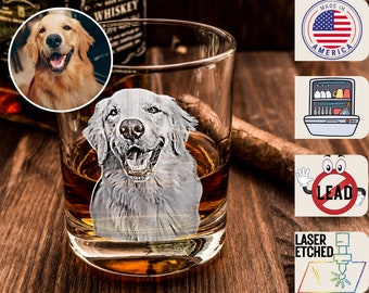 Etched Pet Photo Rocks Glass, Custom Pet Portrait Pet Memorial Whiskey Glasses, Personalized Gift for Dog Lover, Cat Lovers, Father's Day