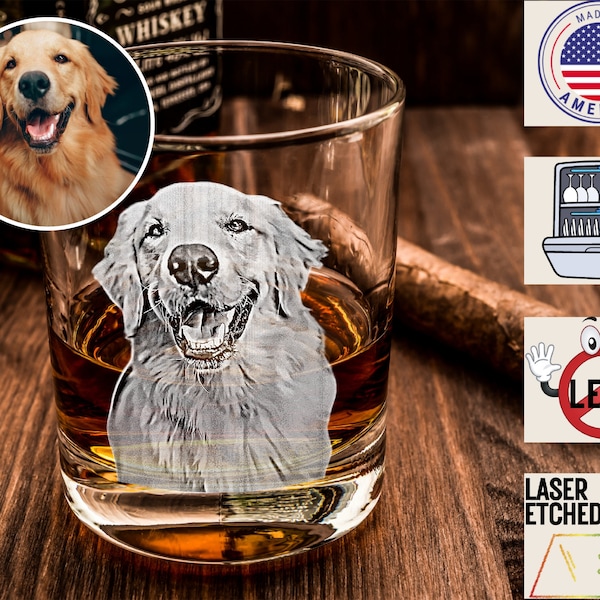 Etched Pet Photo Rocks Glass, Custom Pet Portrait Pet Memorial Whiskey Glasses, Personalized Barware for Cat Dog Dad, Father's day Gifts